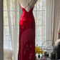 Pink retro floral print halter top, fitted waist, sexy long ball gown R7731