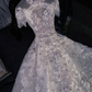 Silver sequined round neck fitted waist long ball gown/bridal dress R8772
