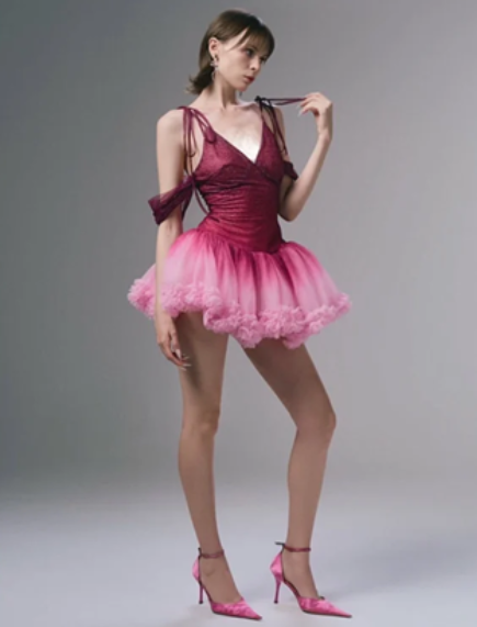 Pink suspender tie gradient waist slim fit puffy skirt homecoming dress R4516