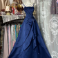 Navy Blue Spaghetti Strap Waist-Cinched Slim-Fit A-Line Skirt Ball Gown R7414