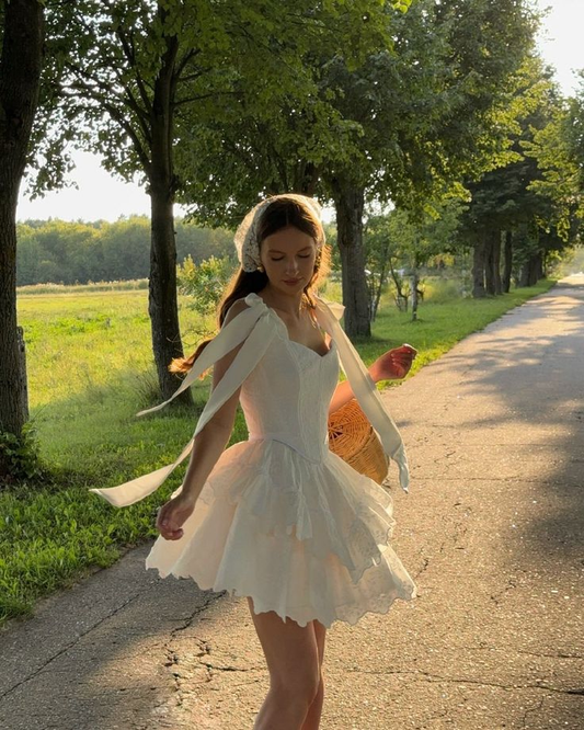 White suspender tie waist slim cake A-line short skirt homecoming dress R5465