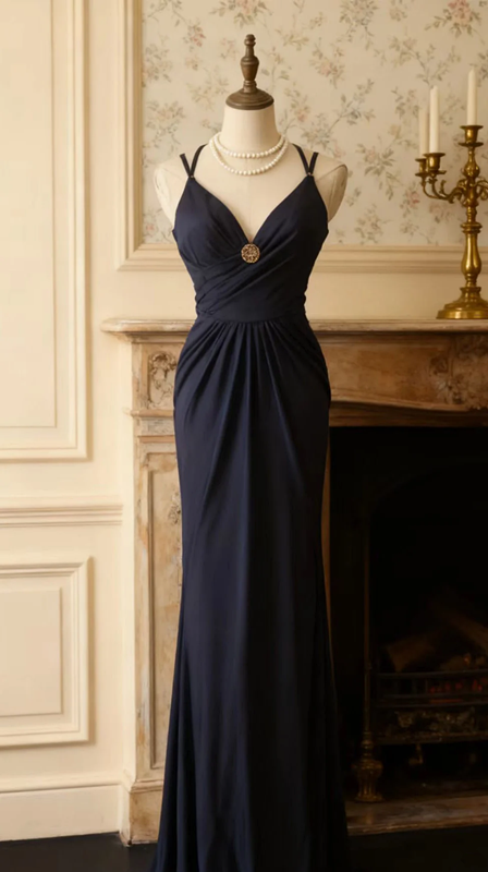 Navy blue halter-neck fitted long ball gown R6736