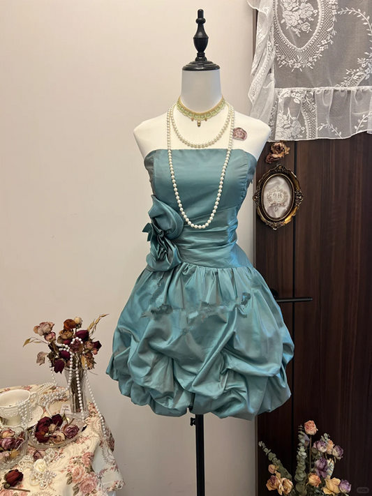 Green tube top waist retro high-end flower bud skirt short skirt homecoming dress R4274