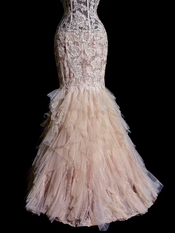 Light pink strapless lace bodycon long ball gown R6616