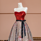 Red strapless fitted bodice with black lace floral print long ball gown R8401