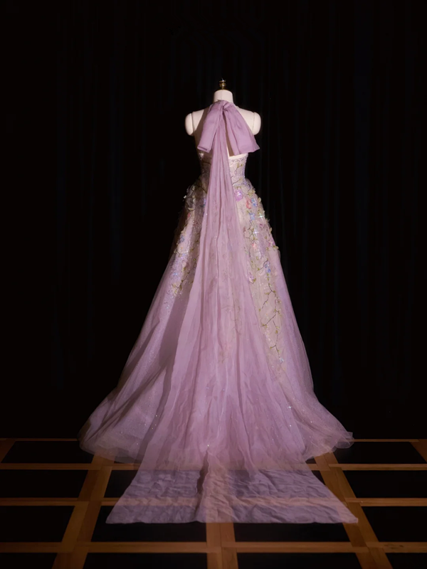 Pinkish-purple halter-neck fitted long ball gown, bridal dress R8952