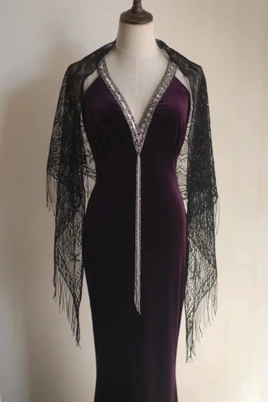 Deep purple halter-neck fitted bodycon long ball gown R6775