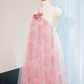 Pink halter-neck straight-cut long ball gown, bridal dress R9012