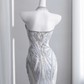 Light gray-blue strapless, fitted, bodycon, fishtail long ball gown R8431