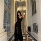 Black sequined halter-neck fitted long sexy ball gown R8862