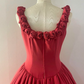 Red spaghetti-strap floor-length ball gown with a cinched waist and 3D rose details; bridal gown R7288