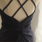 Navy blue halter-neck fitted long ball gown R6736