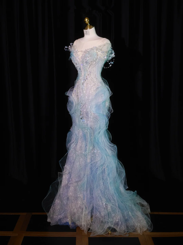 Light blue off-the-shoulder fitted waist bodycon long ball gown, bridal dress R8922
