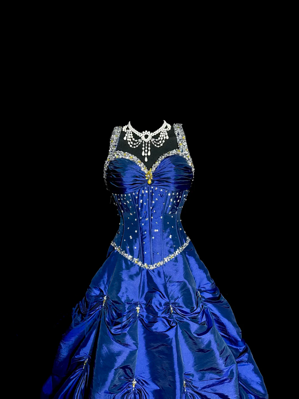 Blue halter-neck fitted long ball gown with a full skirt R6656