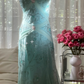 Light blue halter-neck, fitted, backless, long ball gown R7762