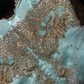 Lake blue dress with gold floral pattern, strapless, fitted waist, short ball gown R6895