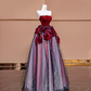 Red strapless, fitted, long ball gown with light pink and purple skirt; bridal gown R8377