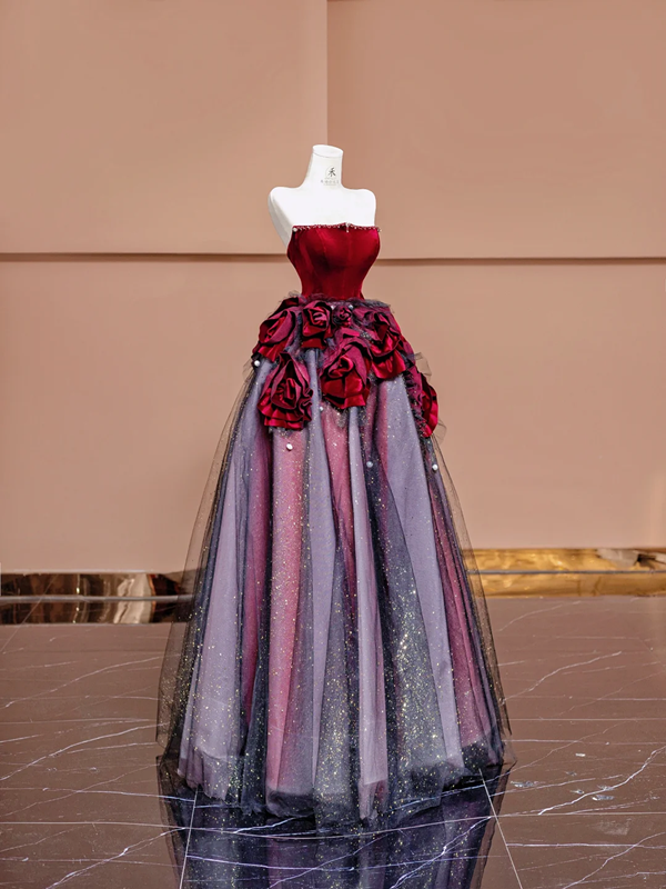 Red strapless, fitted, long ball gown with light pink and purple skirt; bridal gown R8377