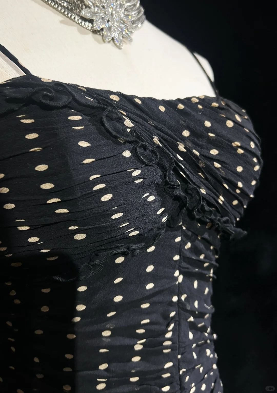 Black suspender polka dot pleated waist slim hip mid-length skirt homecoming dress R4923