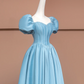 Blue puff-sleeved, fitted, long, elegant ball gown R8491