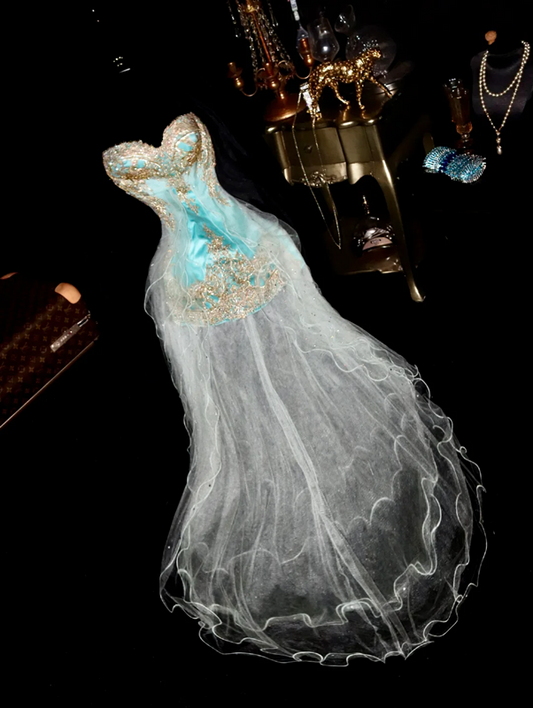 Lake blue dress with gold floral pattern, strapless, fitted waist, short ball gown R6895