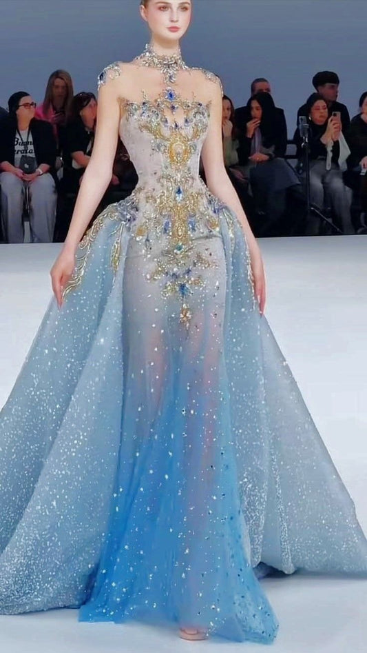 Gradient blue sequined diamond-studded waist-length slim-fitting long dress, prom dress R5346