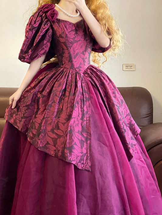 Fuchsia Puff Sleeve Waist-Cinched Puff-Skirt Ball Gown & Bridal Gown R7377