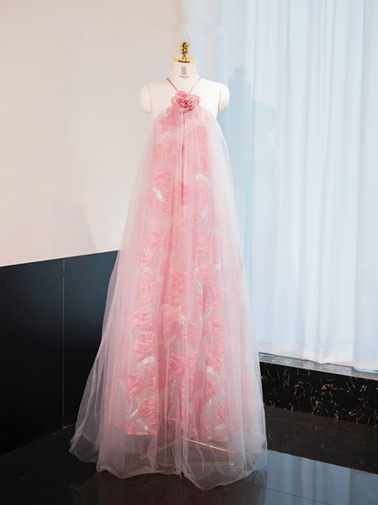 Pink halter-neck straight-cut long ball gown, bridal dress R9012