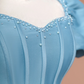Blue puff-sleeved, fitted, long, elegant ball gown R8491