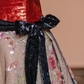 Red strapless fitted bodice with black lace floral print long ball gown R8401
