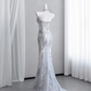 Light gray-blue strapless, fitted, bodycon, fishtail long ball gown R8431