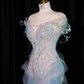 Light blue off-the-shoulder fitted waist bodycon long ball gown, bridal dress R8922