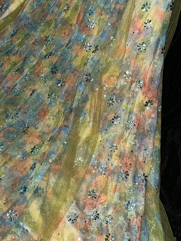 Yellow floral print halter-neck fitted long ball gown R7015