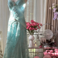 Light blue halter-neck, fitted, backless, long ball gown R7762