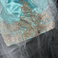 Lake blue dress with gold floral pattern, strapless, fitted waist, short ball gown R6895