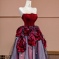 Red strapless, fitted, long ball gown with light pink and purple skirt; bridal gown R8377