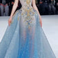 Gradient blue sequined diamond-studded waist-length slim-fitting long dress, prom dress R5346