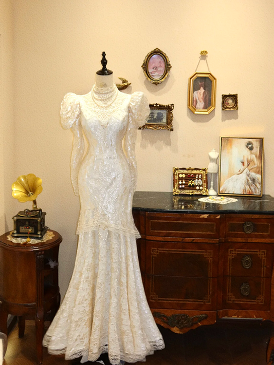 Apricot Puffed-Sleeve Waist-Cinched Slim-Fit Lace Sexy & Elegant Ball Gown, Bridal Gown R7135