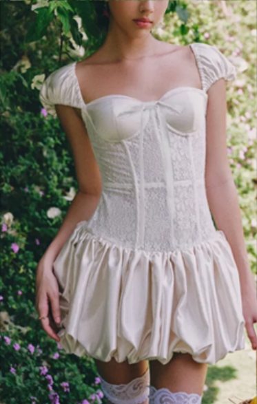 White puff sleeves, slim waist, flower bud skirt, cute short skirt, homecoming dress R4596