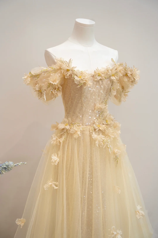 Apricot-colored off-shoulder fitted long ball gown R8892