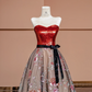 Red strapless fitted bodice with black lace floral print long ball gown R8401