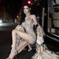 Apricot Halter Neck Silver-Sequin Waist-Cinched Fitted Bodycon Sexy Prom Dress R7095