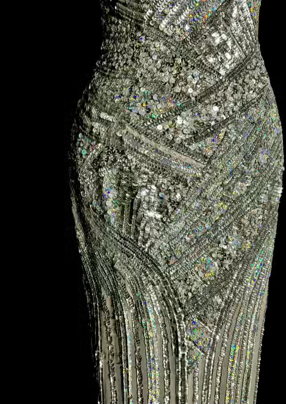 Silver sequined strapless waist-cinching bodycon sexy and elegant ball gown R8105