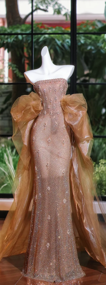 Rose Gold Sequined Strapless Waist Slim Fit Hip Maxi Bridal Dress R5703