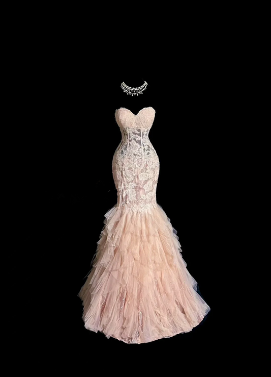 Light pink strapless lace bodycon long ball gown R6616