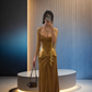 Gold, fitted, bodycon, sexy, long, elegant ball gown R8041