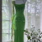 Green fairy-style halter-neck fitted waist bodycon long ball gown R6536