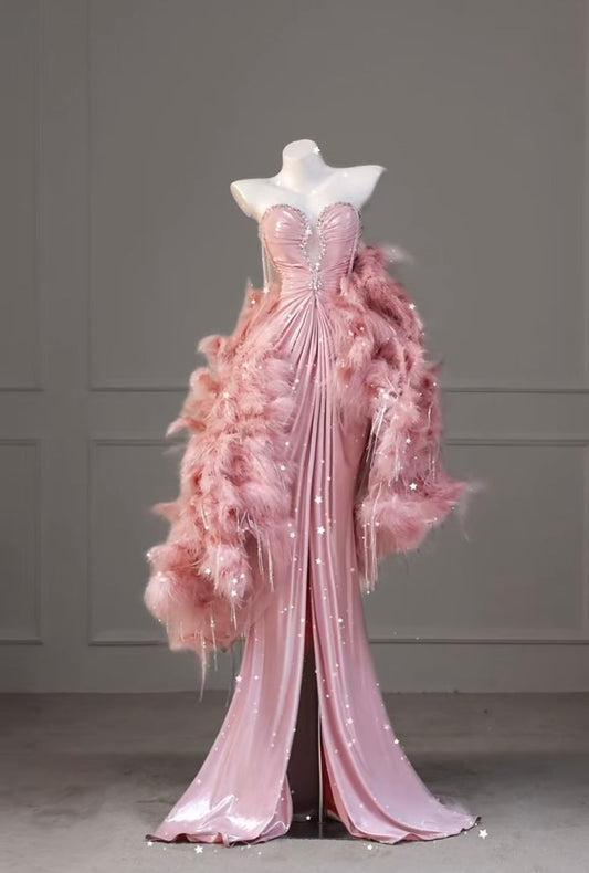 Pink tube top slim waist hip sexy long skirt, prom dress R5299