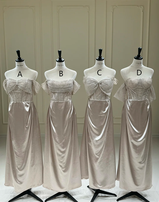 Light-colored strapless waist-cinched figure-flattering satin ball gown, bridesmaid dress R5937