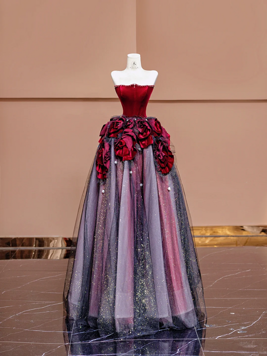 Red strapless, fitted, long ball gown with light pink and purple skirt; bridal gown R8377
